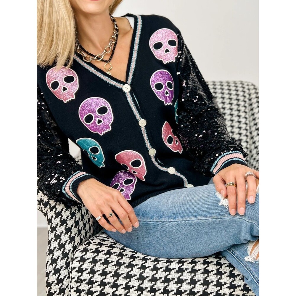 Skull Sweater Whimsigoth Goth Rainbow Glitter Skulls Cardigan NEW Size L/XL